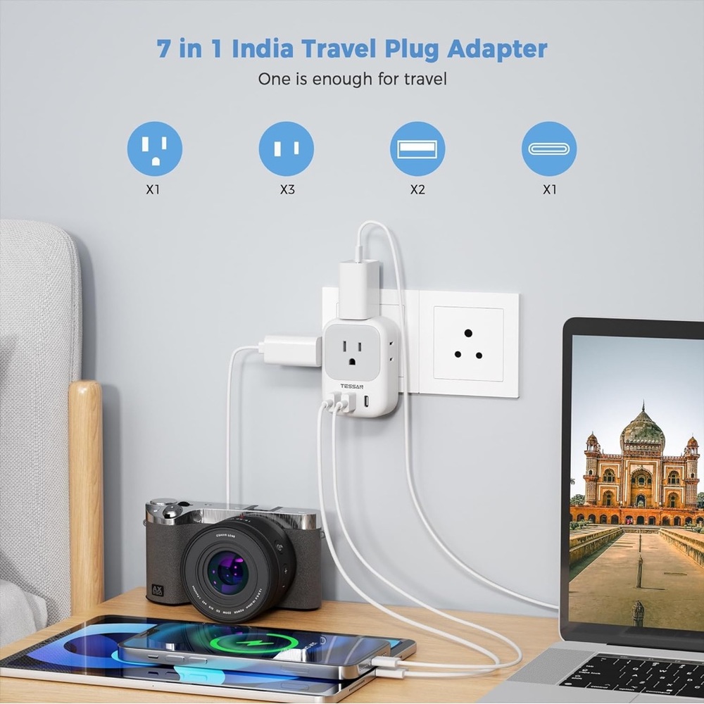 US to India Plug Adapter 2 Pack, TESSAN Adapter with 4 Outlets 3 USB Charger - Picture 2 of 13